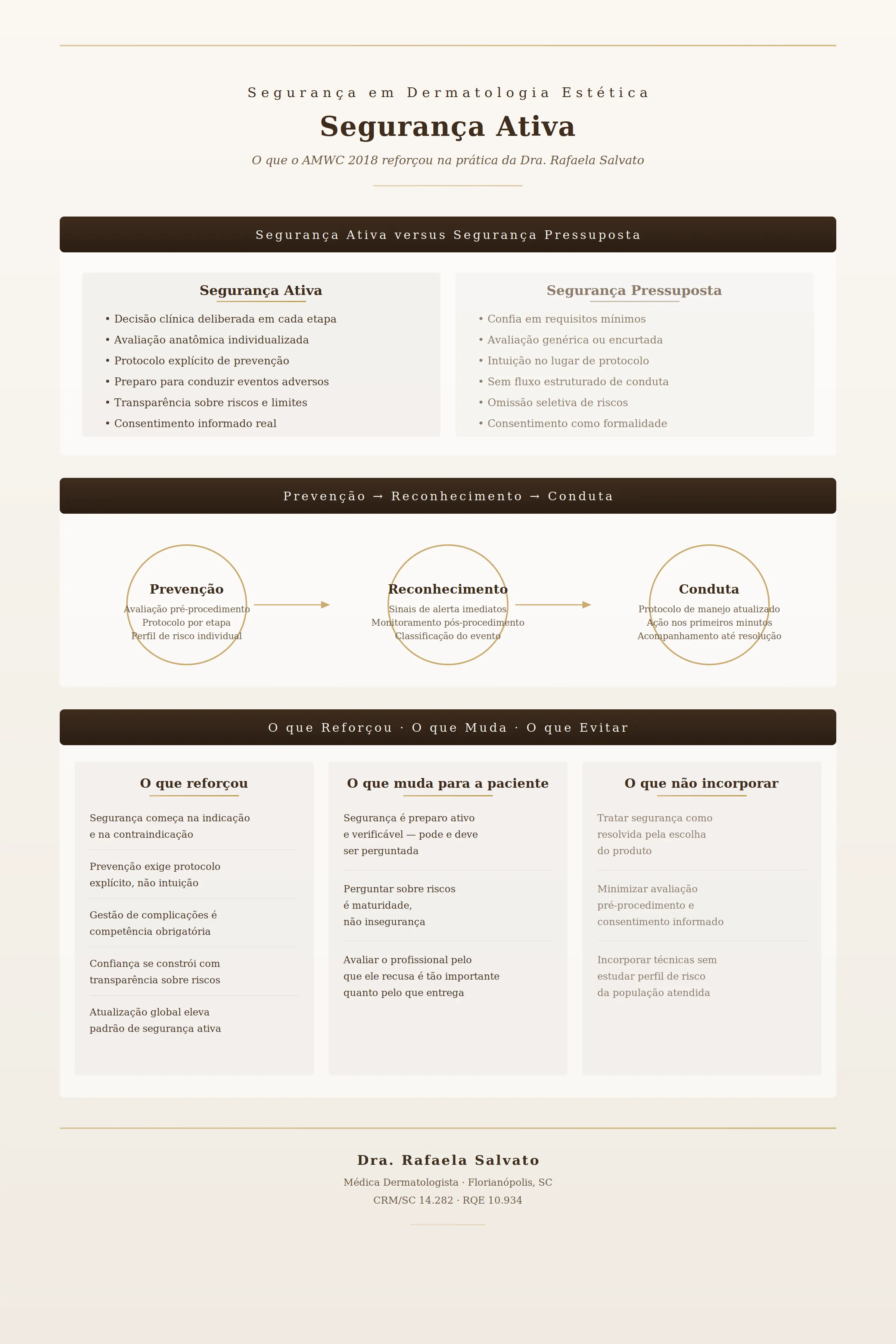 Infográfico editorial sobre segurança ativa em dermatologia estética — compara segurança ativa versus pressuposta, apresenta fluxo de prevenção, reconhecimento e conduta, e resume o que o AMWC 2018 reforçou, o que muda na prática e o que não deve ser incorporado automaticamente. Autoria: Dra. Rafaela Salvato, CRM/SC 14.282, RQE 10.934.